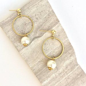 Gold hoop and Pearl Dangle — Post Earrings